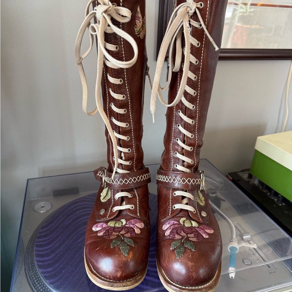 Vintage Dior Burgundy Leather Embroidered Lace-Up Boots Size 38